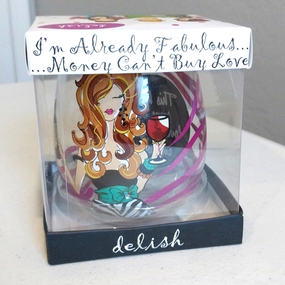 Fun girly painted stemless wine glass NIB!